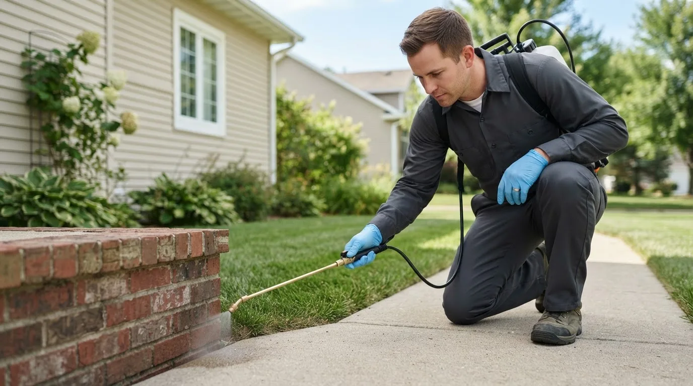 Pest control technician treating a home near Alfred Station, NY